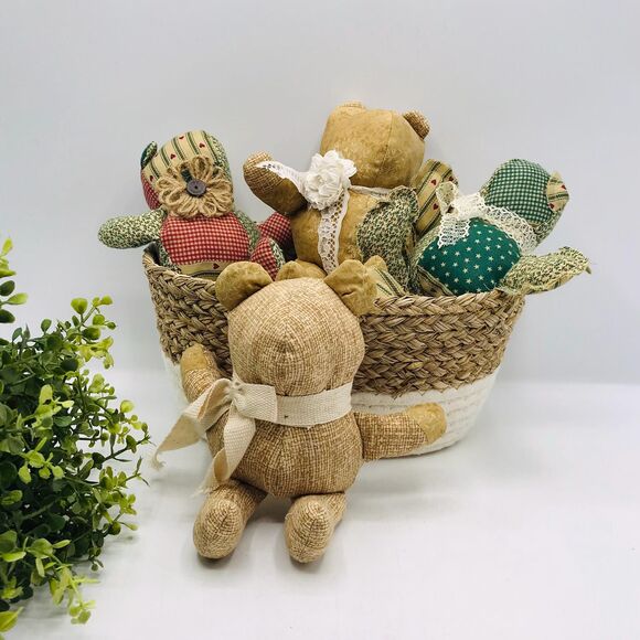 Set of 4 Handmade Mini Bears, Shelf Decor or Bowl Fillers Tans Calico 7.5 Inches - Picture 4 of 4